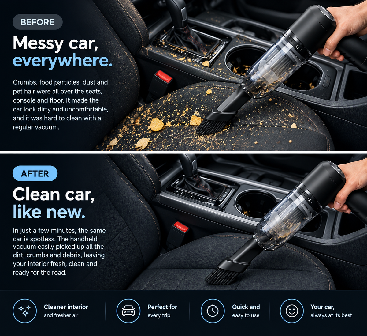 Before and after cleaning a car interior with the Tidybolt vacuum